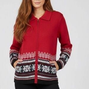 Fair Isle Red Black White  Zip-Up Festive Cardigan Sweater with Sequins Medium